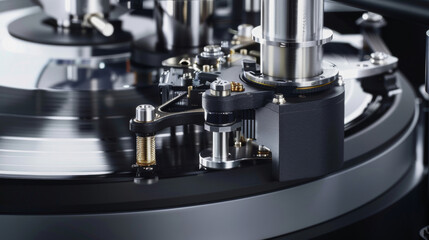 The intricate inner workings of a turntable including a delicately balanced tonearm and a smooth spinning vinyl record.