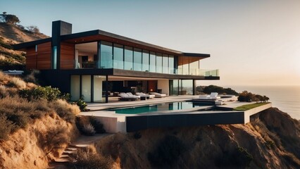 Fototapeta premium Stunning modern villa nestled in the hills of Malibu, California, offering breathtaking views of the Pacific Ocean
