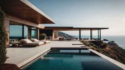 Fototapeta premium Stunning modern villa nestled in the hills of Malibu, California, offering breathtaking views of the Pacific Ocean