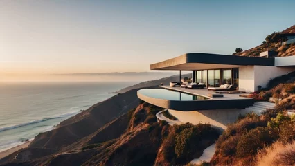 Papier Peint photo Lavable Etats Unis Stunning modern villa nestled in the hills of Malibu, California, offering breathtaking views of the Pacific Ocean