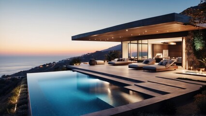 Fototapeta premium Stunning modern villa nestled in the hills of Malibu, California, offering breathtaking views of the Pacific Ocean