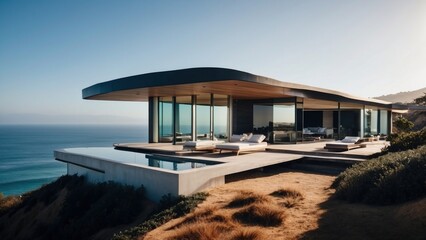 Fototapeta premium Stunning modern villa nestled in the hills of Malibu, California, offering breathtaking views of the Pacific Ocean