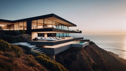 Fototapeta premium Stunning modern villa nestled in the hills of Malibu, California, offering breathtaking views of the Pacific Ocean