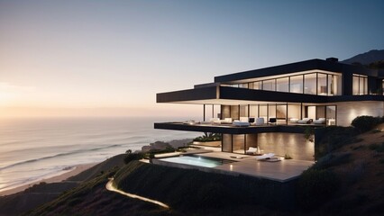 Fototapeta premium Stunning modern villa nestled in the hills of Malibu, California, offering breathtaking views of the Pacific Ocean