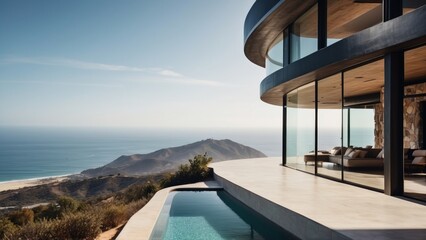 Fototapeta premium Stunning modern villa nestled in the hills of Malibu, California, offering breathtaking views of the Pacific Ocean