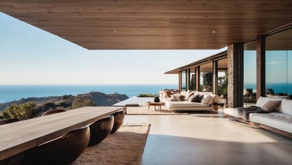 Fototapeta premium Stunning modern villa nestled in the hills of Malibu, California, offering breathtaking views of the Pacific Ocean