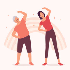 Smiling Elderly Mother And Adult Daughter Doing Warm-Up And Body Stretching Exercises. Full Length.