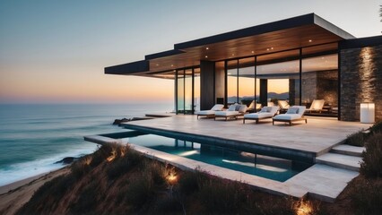 Obraz premium Stunning modern villa nestled in the hills of Malibu, California, offering breathtaking views of the Pacific Ocean