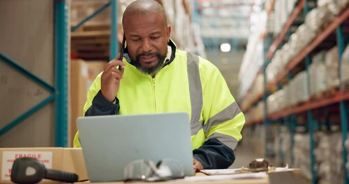 Logistics, phone call and black man in warehouse with laptop for networking, distribution and ecommerce. Supply chain, export and communication, consultant with smartphone checking online order.