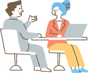 仕事で話し合っている男女二人_色
