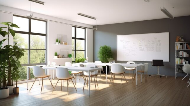 Modern office interior with white walls, white floor and rows of white computer tables.