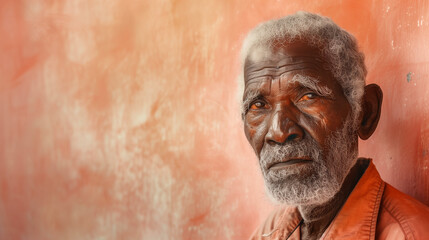 A portrait of an elderly african american man against a pastel peach background. Banner, copy space.