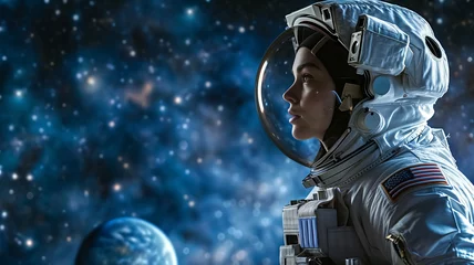 Foto op Canvas A focused female astronaut contemplates the vastness of the cosmos, encapsulated in her space suit against a starry backdrop.  © nextzimost