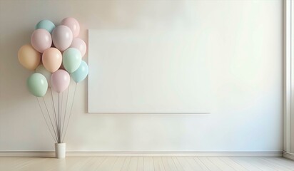 An empty white canvas for copy space in a bright room with pastel-colored balloons. Ai Generated