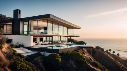 Stunning modern villa nestled in the hills of Malibu, California, offering breathtaking views of the Pacific Ocean