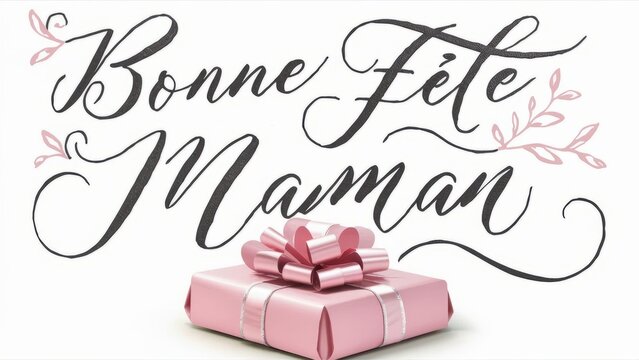 Bonne F&ecirc;te Maman Calligraphy with Beautiful Pink Gift on Isolated White Background - Gift Card / Banner / Wallpaper