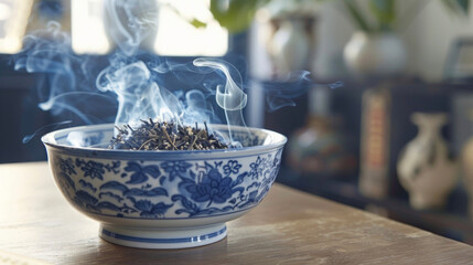 A handmade blue and white ceramic bowl filled with burning moxa a dried herb commonly used in traditional Chinese medicine to promote flow and relieve pain.
