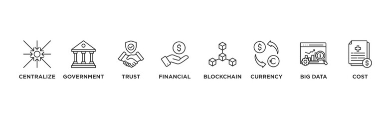 CBDC banner web icon illustration concept of central bank digital currency with icons of centralize, government, trust, financial, blockchain, currency, big data and cost	