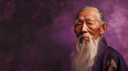 A portrait of an elderly Chinese man with a lengthy white beard against a purple background. Banner, copy space.