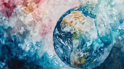 Artistic and abstract interpretation of planet Earth with a watercolor blend of vibrant colors, symbolizing creativity and global diversity.
