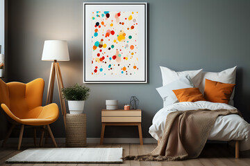 Modern Interior Design with Abstract Art. A tastefully decorated bedroom featuring a vibrant abstract painting, perfect for articles on interior design and home decor.