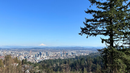 View of Portland Oregon with Mt Hood on a clear sunny day.