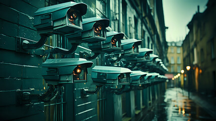 Urban Surveillance Alley. A row of security cameras overlooking a rainy alley, illustrating themes of privacy and urban security.

