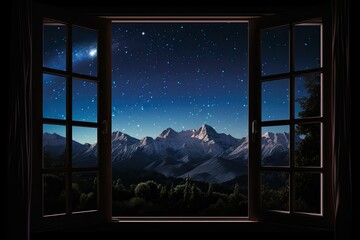 Night landscape with starry sky and mountains. View through the window