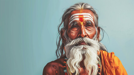 A portrait of an elderly Hindu man with a striking white beard against a light blue background. Banner, copy space. 