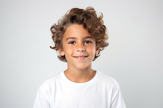 Portrait of a cute little boy with curly hair on gray background