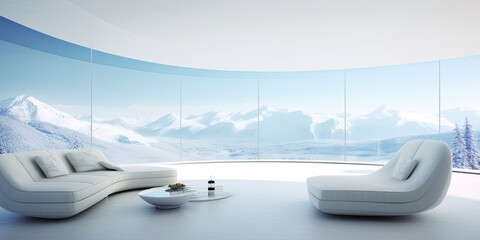 Minimalist white interior with panoramic view