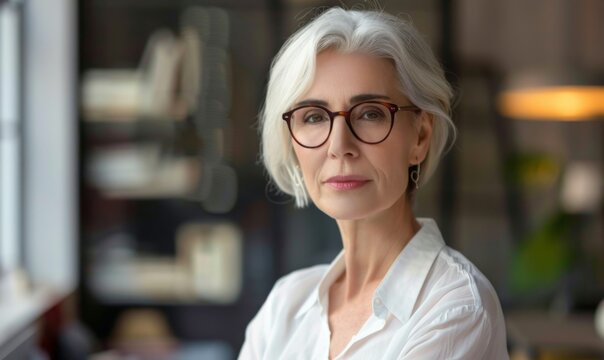 Confident, poised mature woman with silver hair and stylish glasses, exuding sophistication in a tastefully decorated modern room 