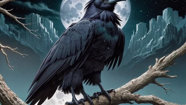 A majestic raven perched atop a gnarled tree branch - Generative AI