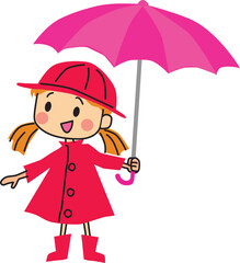 Illustration of a girl with umbrella, pink umbrella, Vector Illustration.