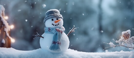 Snowman perched on log against wintry backdrop