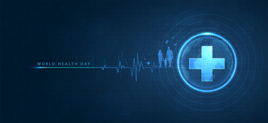 World Health Day is a global health awareness day celebrated every year on 7th April. health care medical science with icon digital technology world concept modern business. vector design