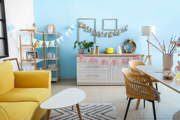 Interior of festive kitchen decorated for Easter celebration