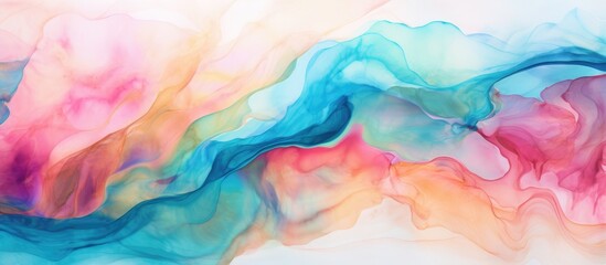 Abstract liquid art with alcohol ink technique creating a delicate bright and dreamy wallpaper Blend of colors forming transparent waves ideal for posters and printed materials - obrazy, fototapety, plakaty