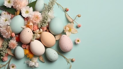 Naklejka na ściany i meble Top View of Happy Easter Day banner concept design of colorful eggs and plants on pastel background