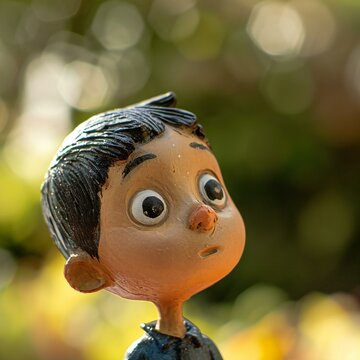 Character Figurine with a Surprised Expression Outdoors