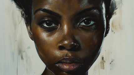 A painting depicting the face of a young Black african american woman, capturing her features and expression in detail