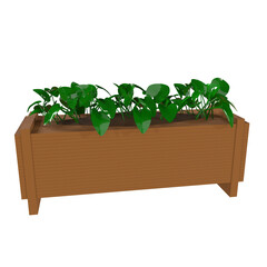 A brown planter with a variety of green plants in it