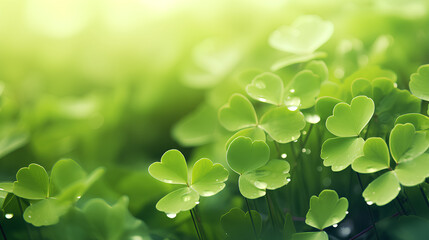 Fresh clover leaves bask in the soft, dappled sunlight, creating a serene and tranquil green backdrop.
