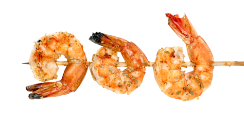 roasted peeled prawn with skewer isolated. grilled shrimp