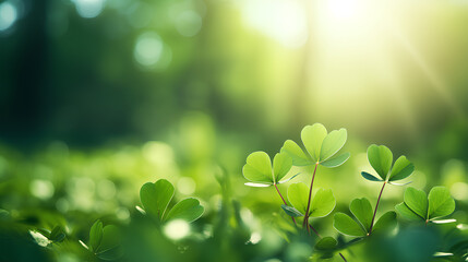 Fresh clover leaves bask in the soft, dappled sunlight, creating a serene and tranquil green backdrop.
