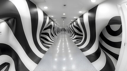 Modern Black and White Swirling Hallway Design with Illuminated Floor Tiles