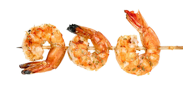 roasted peeled prawn with skewer isolated. grilled shrimp