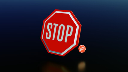 3d representation of two stop traffic signs in different angles and sizes on a glossy surface in black and blue colors