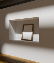 a vintage wooden frame mockup in the art gallery museum