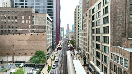 Aerial View of Chicago Elevated Trains and Downtown Architecture